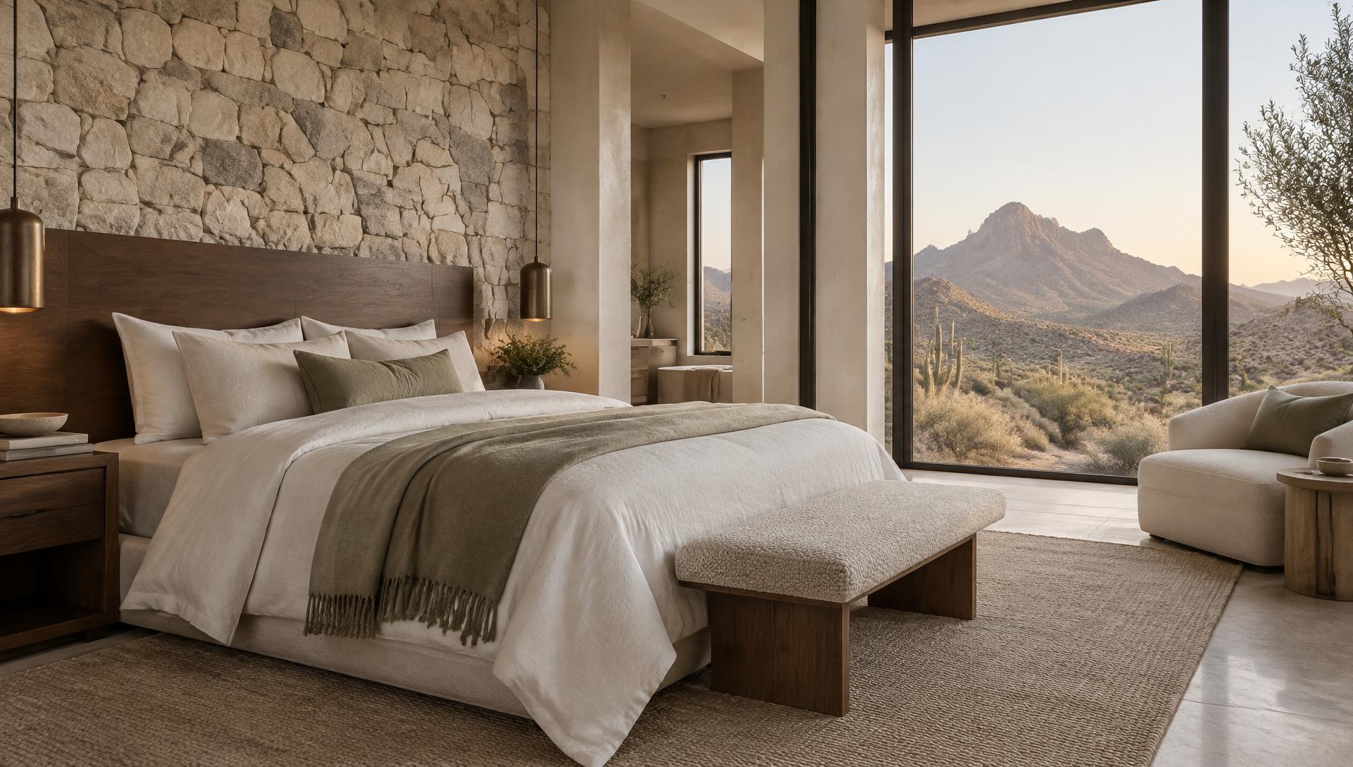 Serene primary bedroom with natural stone wall and desert mountain view