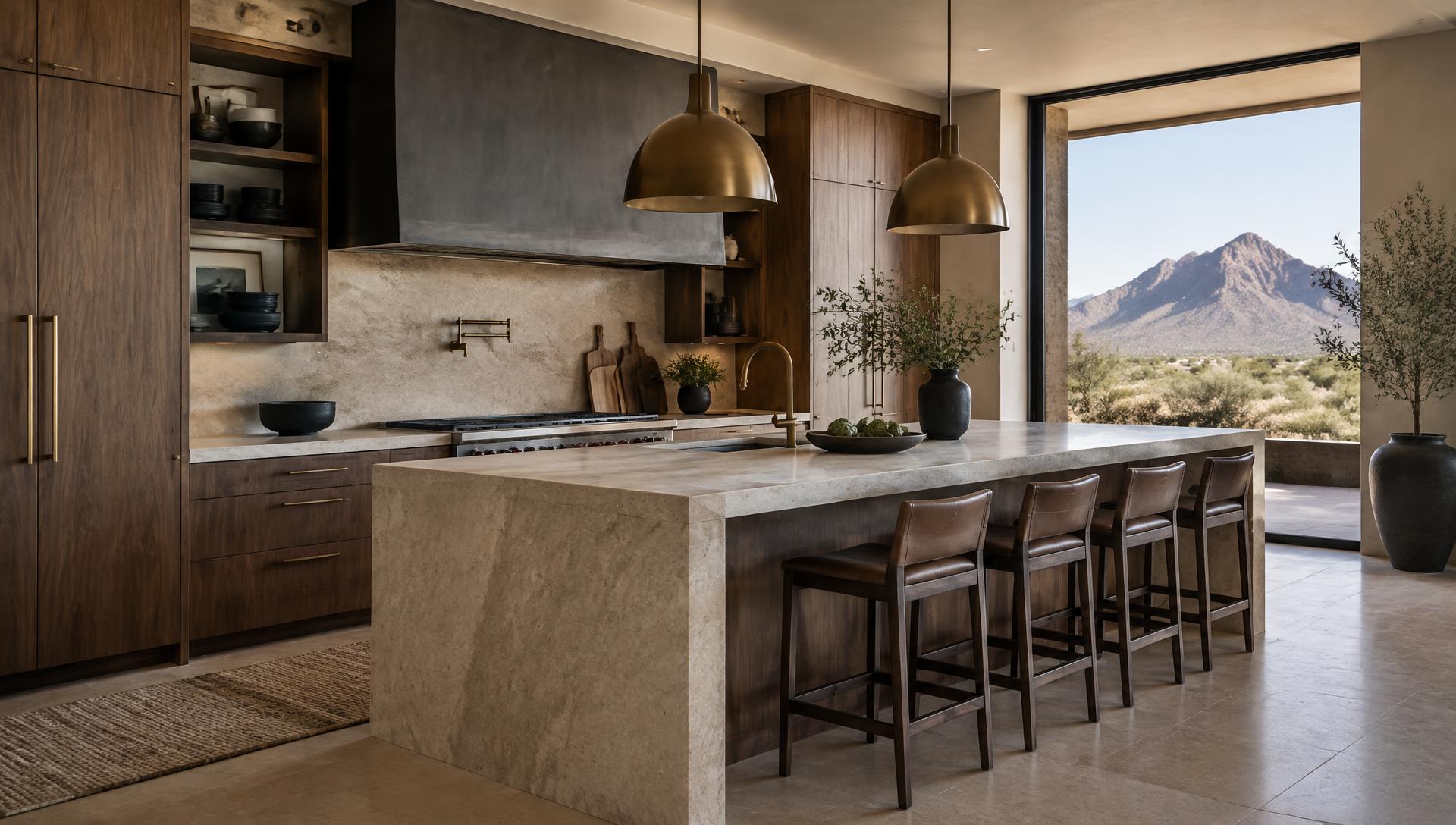 Luxury desert modern kitchen with walnut cabinetry and honed stone island