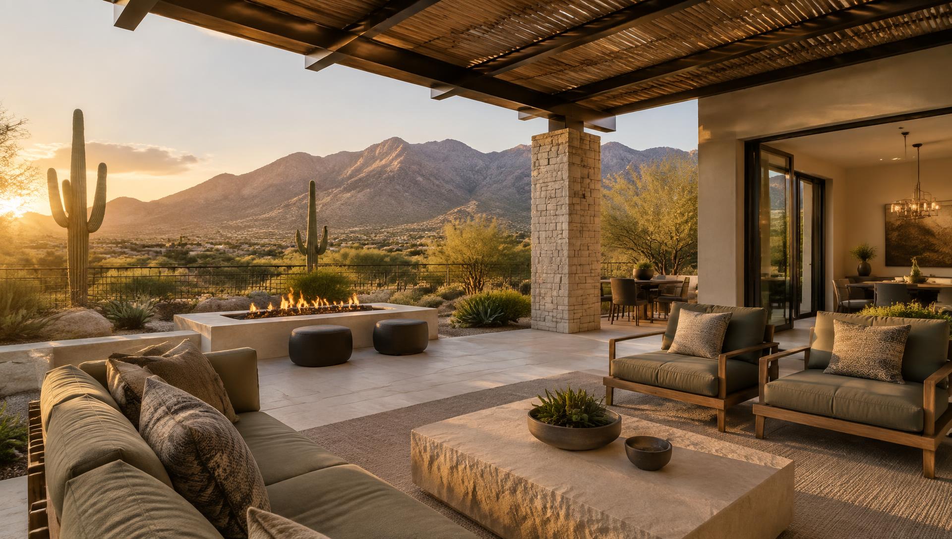 Shaded Oro Valley patio with fire feature, saguaros and mountain sunset