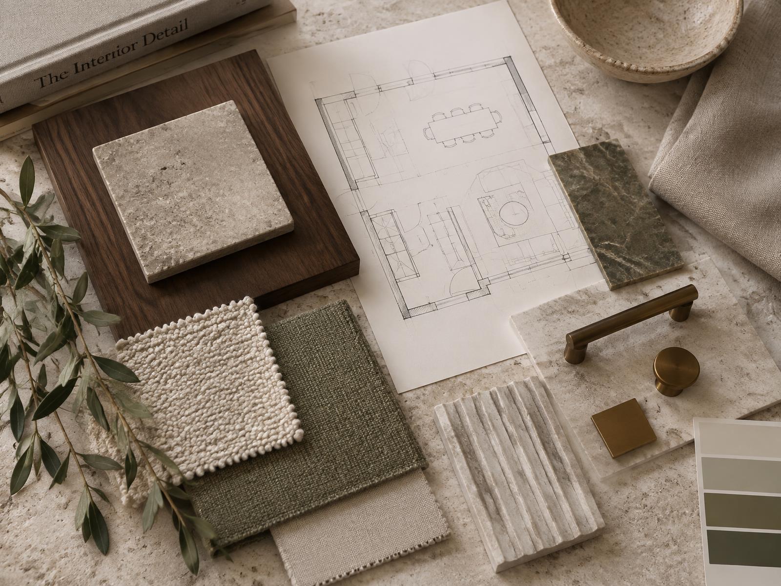 Interior design material samples in walnut, limestone, linen and sage