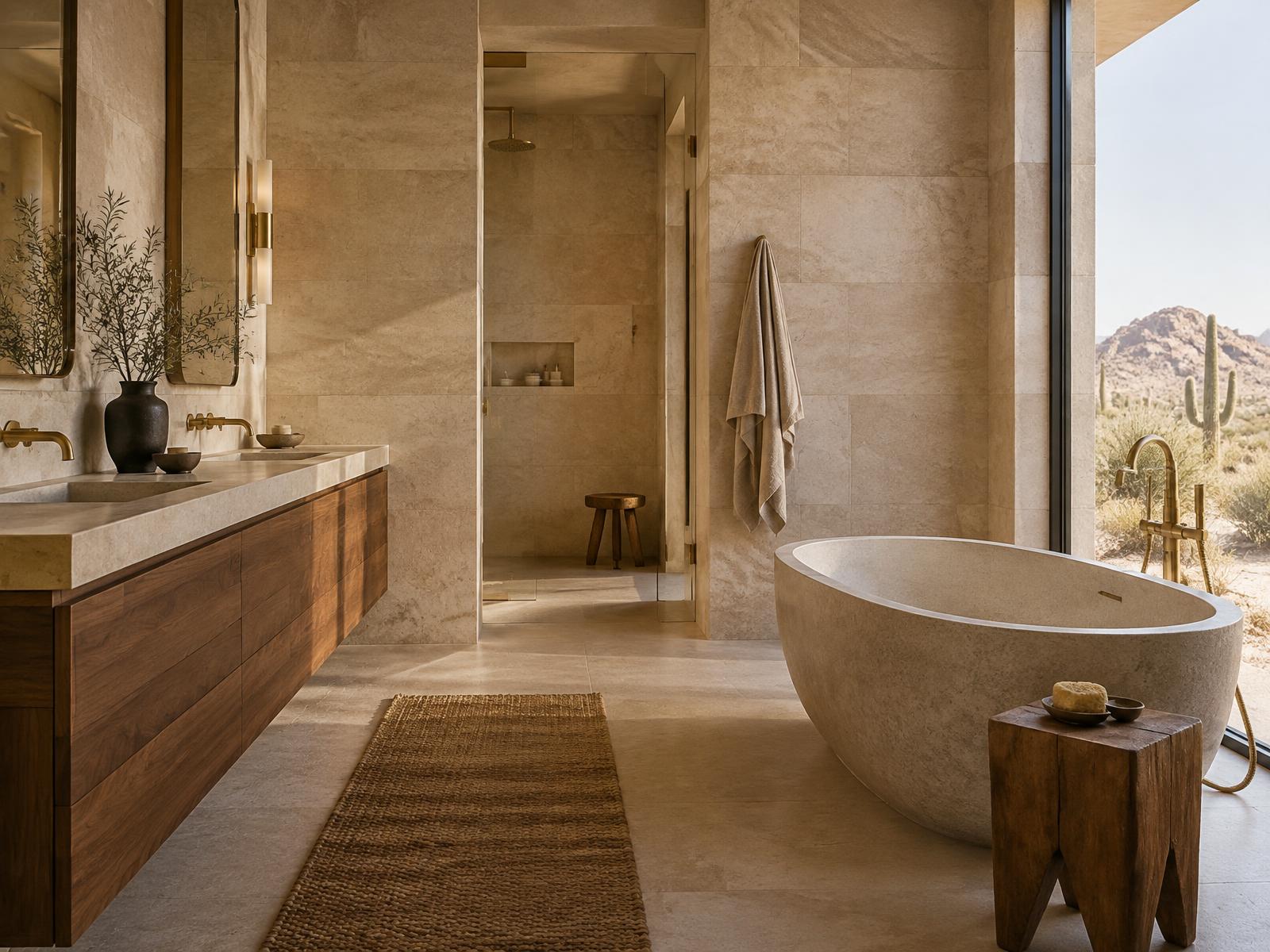 Spa-like bathroom with stone tub, walnut vanity and desert view