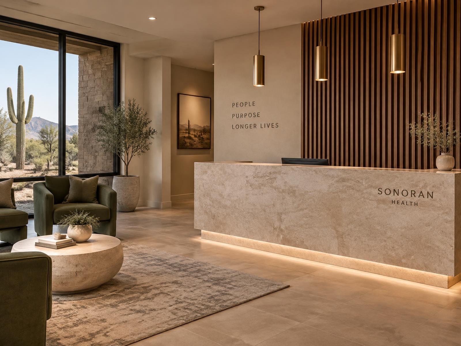 Refined commercial reception with limestone desk and walnut slat wall